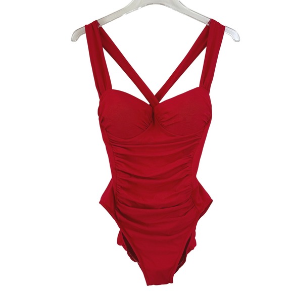 Miraclesuit Red One Piece Swimsuit CONVERTIBLE BUSTIER Criss Cross women 12 - Picture 1 of 9